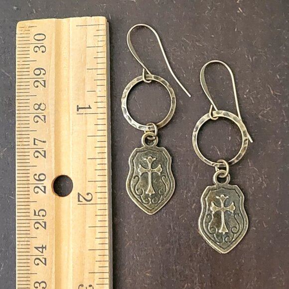 Bronze SHIELD CROSS Circle Earrings, Faith, Love, Brass Hook Earwires - Picture 2 of 2